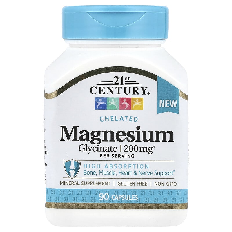 Magnesium Glycinate Chelated 200 mg 90 viên 21st Century 10 21st century chelated magnesium glycinate 200 mg 90 capsules 100 mg per capsule 145057 740985280645