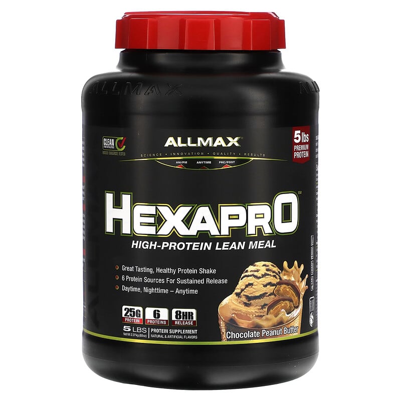 ALLMAX Hexapro Bữa Ăn Giàu Protein Hương Socola Bơ Đậu Phộng 5 lbs (2.27 kg) 10 allmax hexapro high protein lean meal chocolate peanut butter 5 lbs 2 27 kg 119965 665553228563