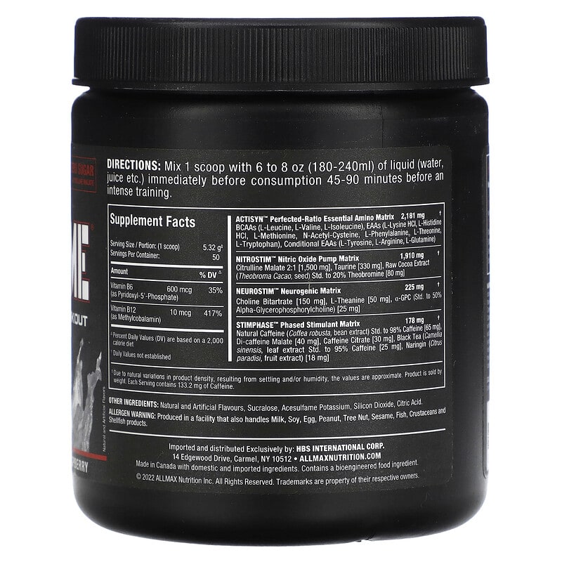 Thành phần vi chất của ALLMAX Muscle Prime Advanced Grade Pre-Workout White Raspberry 9.4 oz (266 g) 665553224022