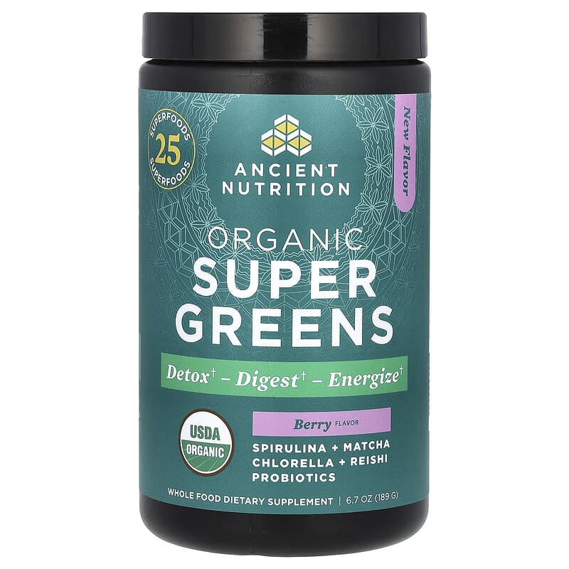 Ancient Nutrition, Bột Rau Xanh Hữu Cơ Trái Cây Berry, 189g 10 ancient nutrition organic super greens berry 6 7 oz 189 g 142220 816401027245