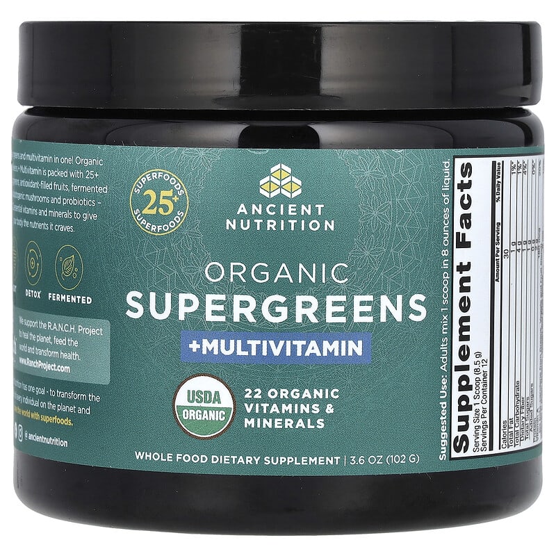 Ancient Nutrition, Bột Rau Xanh Siêu Cấp Hữu Cơ + Đa Vitamin, 102g 10 ancient nutrition organic supergreens multivitamin 3 6 oz 102 g 142222 816401027269