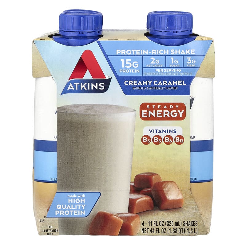 Atkins, Protein-Rich Shake, Creamy Caramel, 4 Shakes, 11 fl oz (325 ml) 637480056045