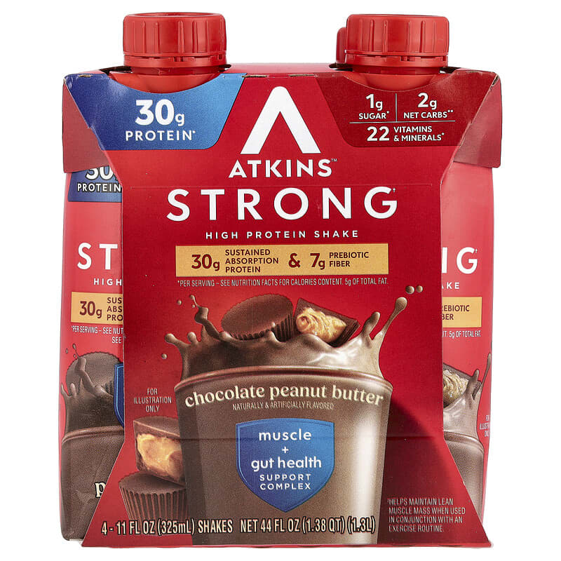 Atkins, Strong, High Protein Shake, Chocolate Peanut Butter, 4 Shakes, 11 fl oz (325 ml) 637480005326