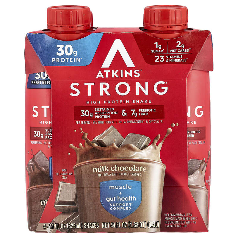 Atkins, Strong, High Protein Shake, Milk Chocolate, 4 Shakes, 11 fl oz (325 ml) 637480005371