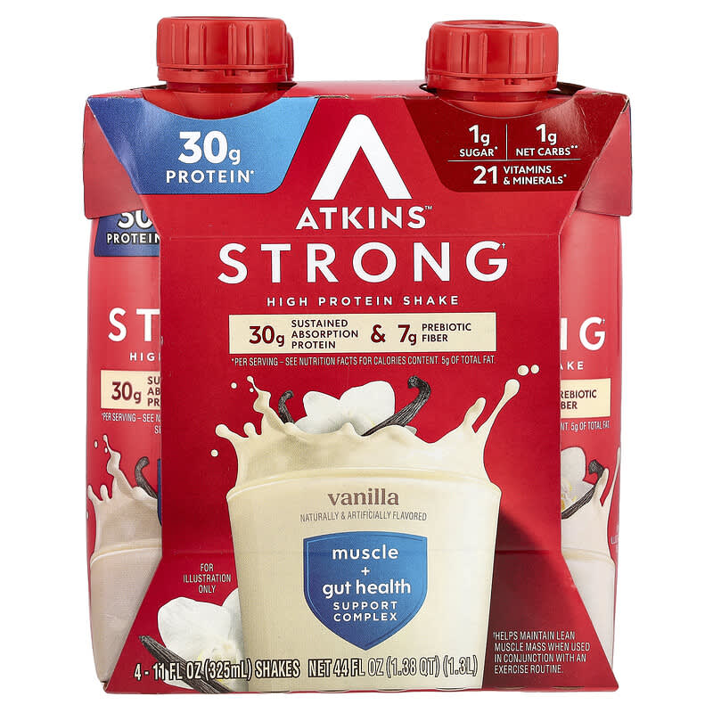 Atkins, Strong, High Protein Shake, Vanilla, 4 Count, 11 fl oz (325 ml) 637480005357