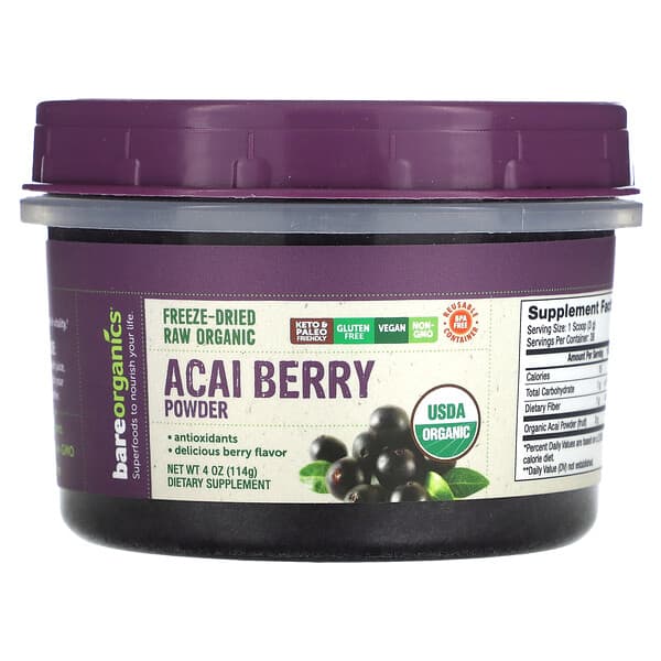 BareOrganics Freeze-Dried Raw Organic Acai Berry Powder 4 oz 114 g 818423028538