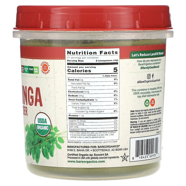 Bột Lá Moringa Hữu Cơ BareOrganics 227g 2 BareOrganics Organic Moringa Leaf Powder 8 oz 227 g 818423029351
