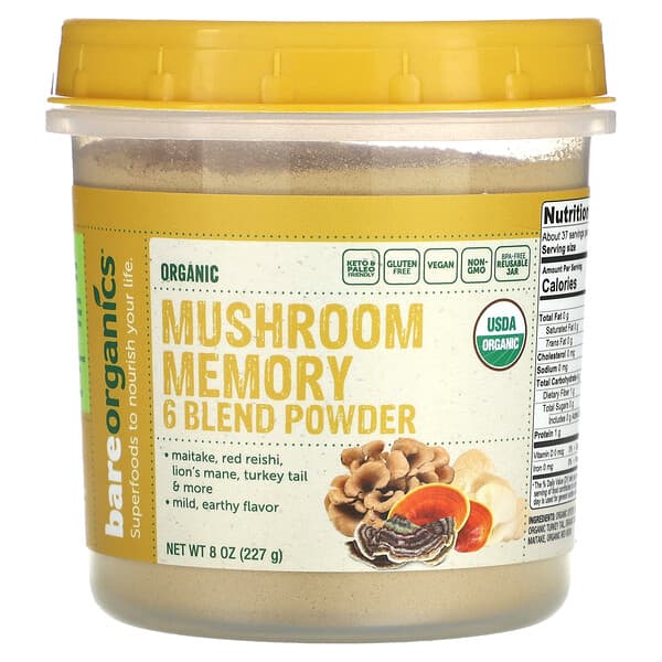 Bột Nấm Tăng Cường Trí Nhớ BareOrganics 6 Hỗn Hợp 227g 8 bareorganics organic mushroom memory 6 blend powder 8 oz 227 g 131826 811079036438