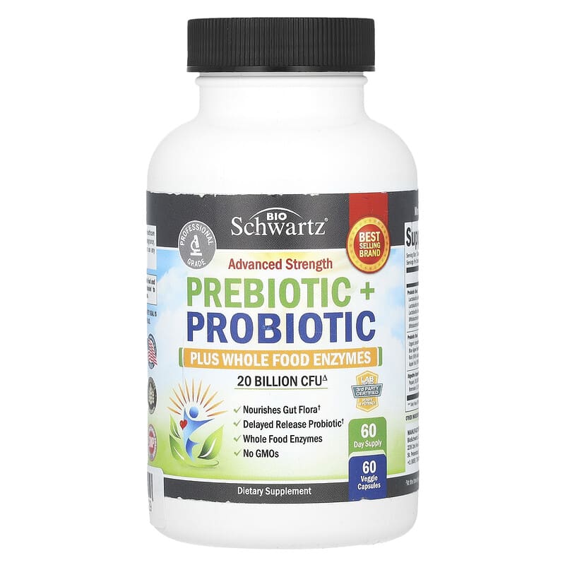BioSchwartz, Advanced Strength Prebiotic + Probiotic Plus Whole Food Enzymes, 20 tỷ CFU, 60 viên 810056430429