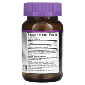 Thành phần vi chất của Bluebonnet Nutrition Extra Strength Chelated Iron 27 mg 90 Vegetable Capsules 743715006706
