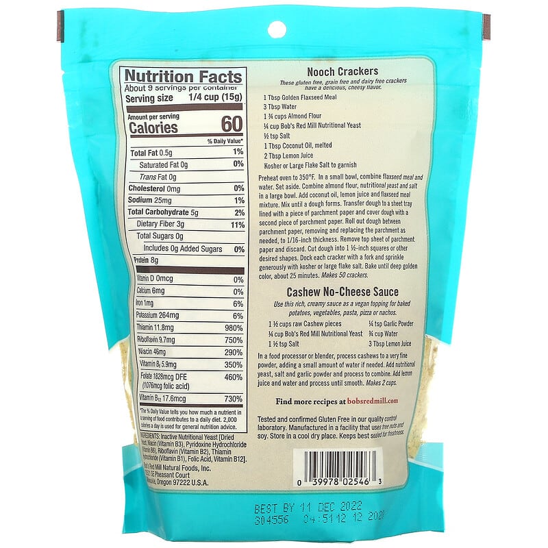 Nấm men dinh dưỡng dạng vảy lớn không chứa gluten Bob's Red Mill 5 oz (142 g) 2 Thành phần vi chất của Bob's Red Mill Large Flake Nutritional Yeast Gluten Free 5 oz (142 g) 039978025463