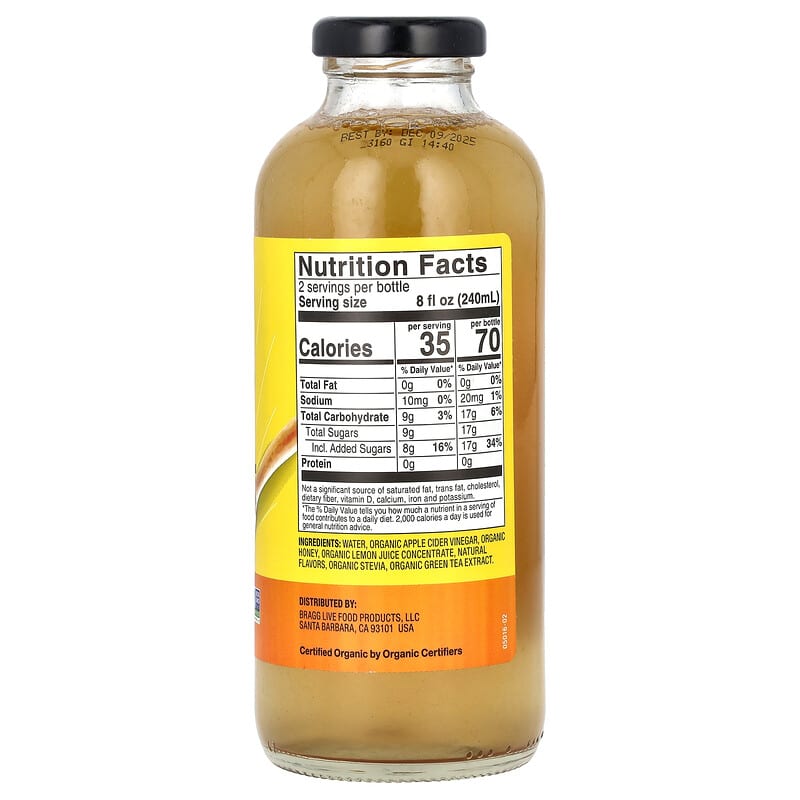 Giấm táo hữu cơ Bragg, nước giải khát prebiotic mật ong và trà xanh, 473 ml 9 Giấm táo hữu cơ Bragg, nước giải khát prebiotic mật ong và trà xanh, 473 ml 074305050169
