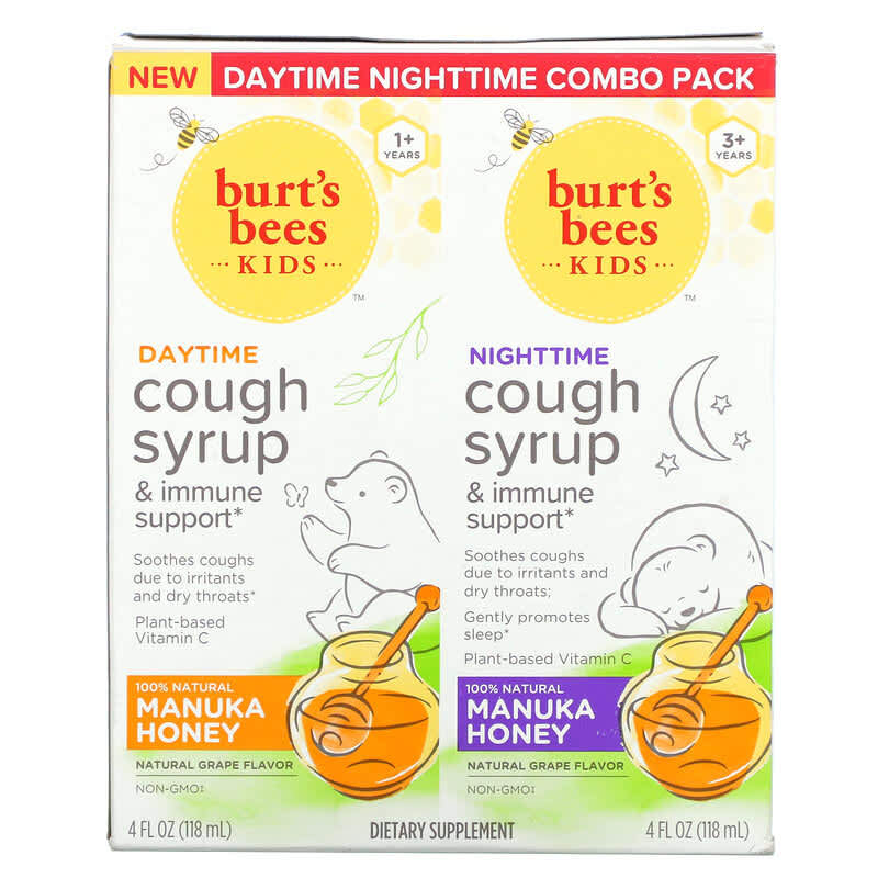 Burt's Bees Combo gói Siro Ho ngày & đêm & Hỗ Trợ Miễn Dịch Dạng Nước vị Nho cho Trẻ Em 2 gói 4 fl oz (118 ml)/gói 10 burt s bees kids daytime nighttime cough syrup immune support combo pack natural grape 2 pack 4 fl oz 118 ml each 110614 070030165499