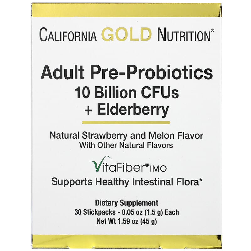 California Gold Nutrition Pre-Probiotics cho Người Lớn 10 tỷ CFU Kết Hợp Quả Elderberry Hương Dâu tự nhiên & Dưa Hấu 30 gói 0.05 oz (1.5 g)/gói 10 california gold nutrition adult pre probiotics 10 billion cfu elderberry natural strawberry melon flavor 30 packets 0 05 oz 1 5 g each 101507 898220018543