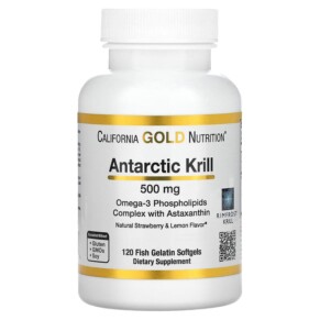 Thực phẩm bổ sung California Gold Nutrition Antarctic Krill Oil Omega-3 Phospholipids Complex with Astaxanthin Natural Strawberry and Lemon Flavor 500 mg 120 Fish Gelatin Softgels 898220011018