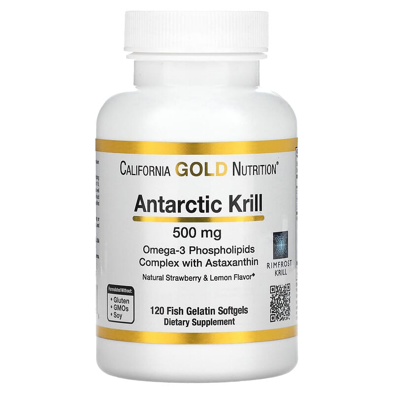Dầu Krill California Gold Nutrition Omega-3 Phospholipids Complex có Astaxanthin hương tự nhiên dâu & chanh 500 mg 120 viên mềm 10 california gold nutrition antarctic krill oil omega 3 phospholipids complex with astaxanthin natural strawberry and lemon flavor 500 mg 120 fish gelatin softgels 71630 898220011018