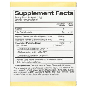 Thành phần vi chất của California Gold Nutrition Kids Pre-Probiotic Pixies 5 Billion CFUs + Elderberry Natural Blueberry Flavor 30 Packets 0.05 oz (1.5 g) Each 898220018536