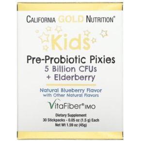 Thực phẩm bổ sung California Gold Nutrition Kids Pre-Probiotic Pixies 5 Billion CFUs + Elderberry Natural Blueberry Flavor 30 Packets 0.05 oz (1.5 g) Each 898220018536