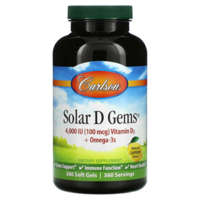Thực phẩm bổ sung Carlson Solar D Gems Natural Lemon 100 mg (4.000 IU) 360 Soft Gels 088395014833