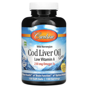 Thực phẩm bổ sung Carlson Wild Norwegian Cod Liver Oil Gems Low Vitamin A Natural Lemon 230 mg 150 Soft Gels 088395013911