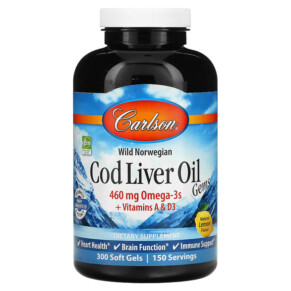 Thực phẩm bổ sung Carlson Wild Norwegian Cod Liver Oil Gems Natural Lemon 230 mg 300 Soft Gels 088395013836