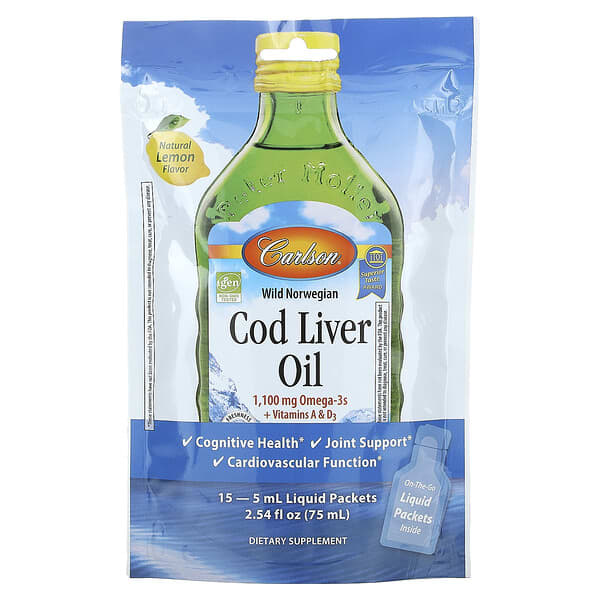 Carlson Wild Norwegian Cod Liver Oil Natural Lemon 15 gói 0,17 fl oz 5 ml 088395135903