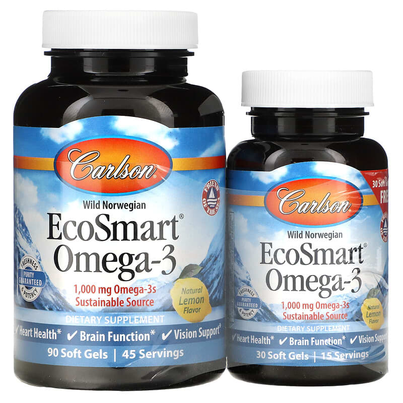 Viên uống Omega-3 Carlson Wild Norwegian EcoSmart vị chanh tự nhiên 500 mg 90 + 30 viên mềm 10 carlson wild norwegian ecosmart omega 3 natural lemon 500 mg 90 30 soft gels 67749 088395018046