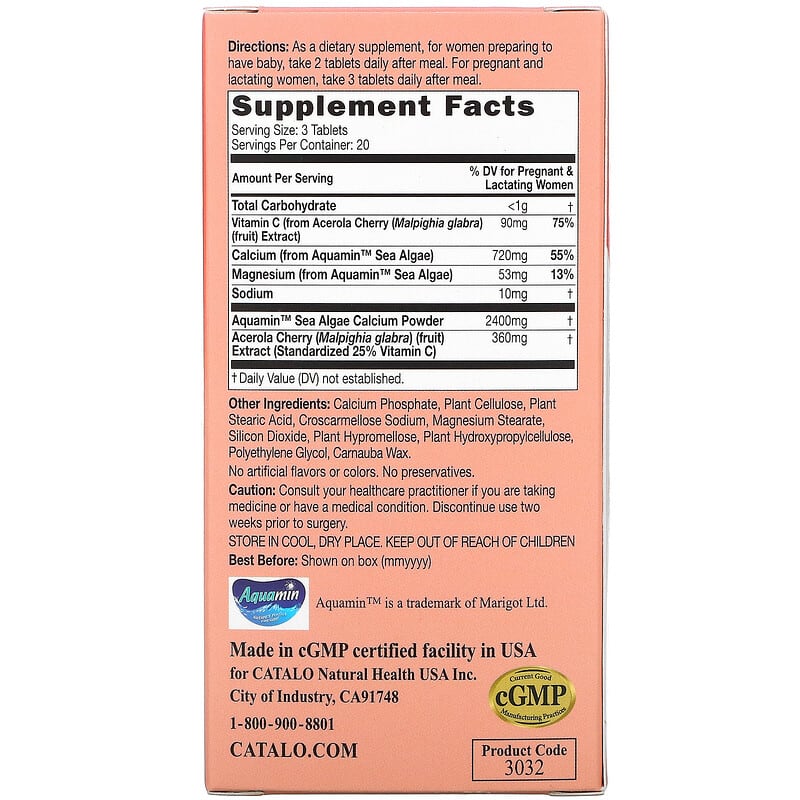 Viên uống canxi thực vật cho bà bầu Catalo Naturals Vegetarian Calcium Formula Prenatal Algae Calcium 60 viên 2 Thành phần vi chất của Catalo Naturals Vegetarian Calcium Formula Prenatal Algae Calcium 60 Vegetarian Tablets 810399025542
