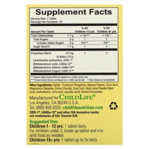 Thành phần vi chất của ChildLife Essentials ChildBiotics Immune & Digestive Support Natural Berry 5 Billion CFU 30 Chewable Tablets 608274104006