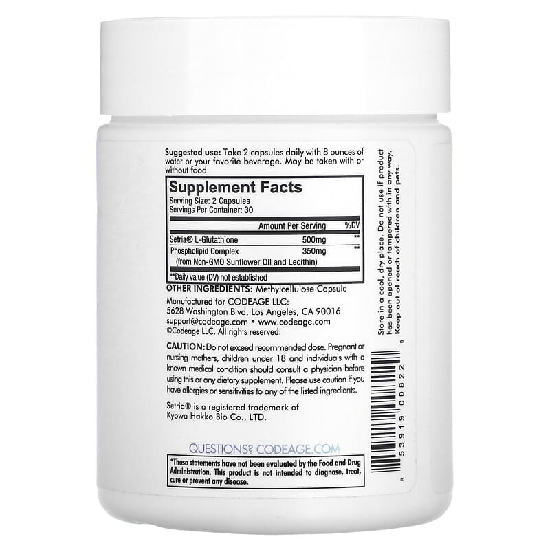 Viên uống Codeage Antioxidant Liposomal Glutathione 60 viên của Codeage 2 Thành phần vi chất của Codeage Antioxidant Liposomal Glutathione 60 Capsules 853919008229