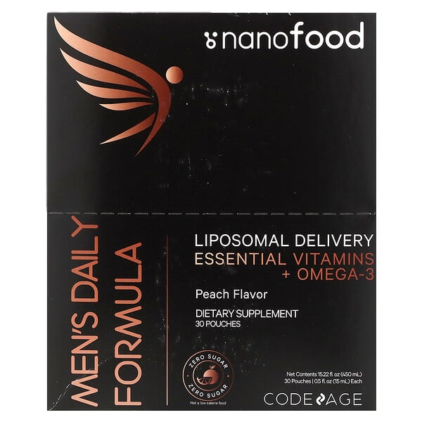 Codeage Nanofood Men's Daily Formula Liposomal Delivery Essential Vitamins + Omega-3 Peach 30 Pouches 0,5 fl oz 15 ml 10 codeage nanofood men s daily formula liposomal delivery essential vitamins omega 3 peach 30 pouches 0 5 fl oz 15 ml each 121649 850026121728
