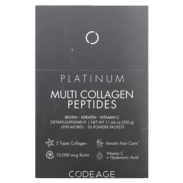 Codeage Platinum Multi Collagen Peptides Biotin Keratin Vitamin C không mùi vị 30 gói 0,38 oz 11 g 850043333661