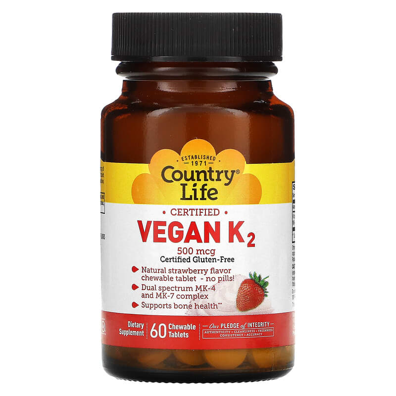 viên nhai Country Life Certified Vegan K2 Dâu 500 mcg 60 viên 10 country life certified vegan k2 strawberry 500 mcg 60 chewable tablets 56601 015794080152
