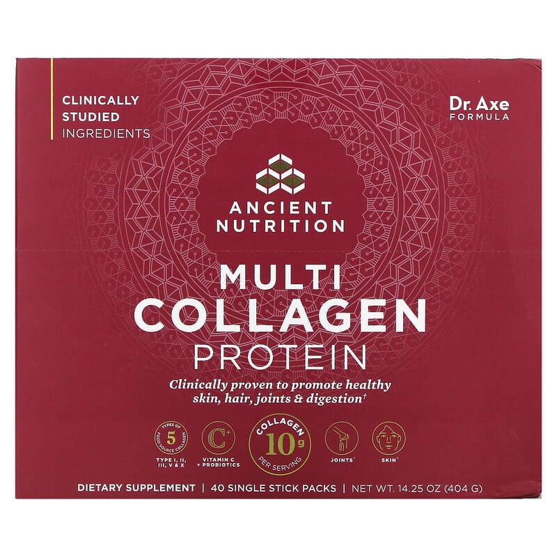 Thành phần vi chất của Dr. Axe / Ancient Nutrition Multi Collagen Protein 40 Single Stick Packets 0.36 oz (10.1 g) Each 858109006320