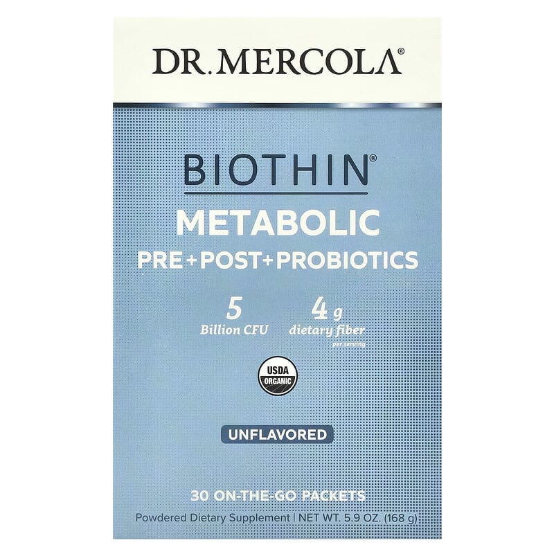 Dr. Mercola, Biothin®, Metabolic Pre+ Post + Probiotics, Unflavored, 5 tỷ CFU, 30 On-The-Go Packets, 0,19 oz (5,6 g) 810094213121