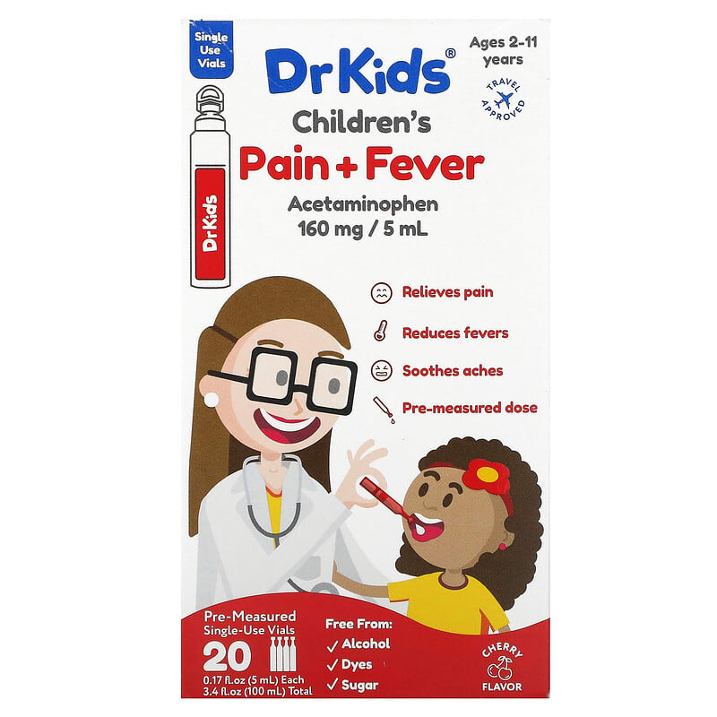 Thuốc Giảm Đau và Hạ Sốt Cho Trẻ Em DrKids, cho Trẻ từ 2-11 Tuổi, Vị Cherry, 20 Ống Đo Đơn Lẻ 0,17 fl oz (5 ml) 10 drkids children s pain fever ages 2 11 years cherry 20 pre measured single use vials 0 17 fl oz 5 ml each 134350 313992000270