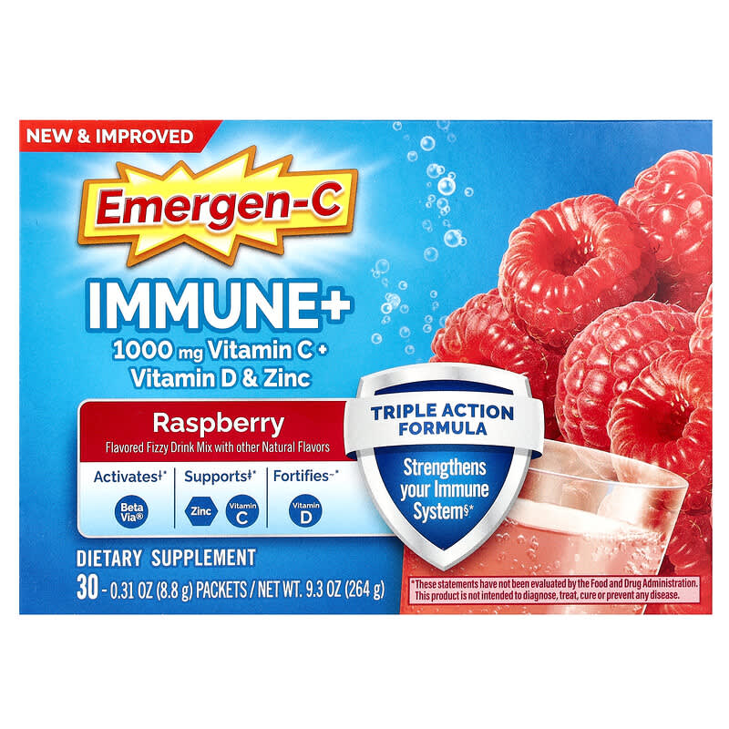 Emergen-C, Immune+ Vitamin C + Vitamin D & Zinc, Raspberry, 30 gói, 0,31 oz (8,8 g) 885898330244