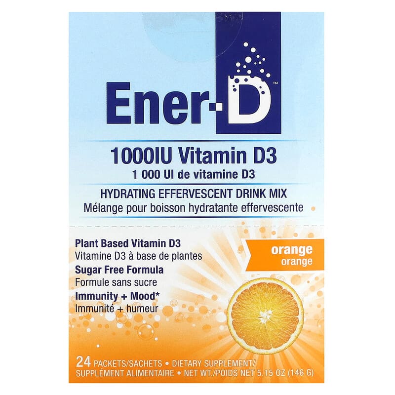 Ener-C, Ener-D, Vitamin D3, Hydrating Effervescent Drink Mix, Sugar Free, Orange, 1.000 mg, 24 Packets 873024001502