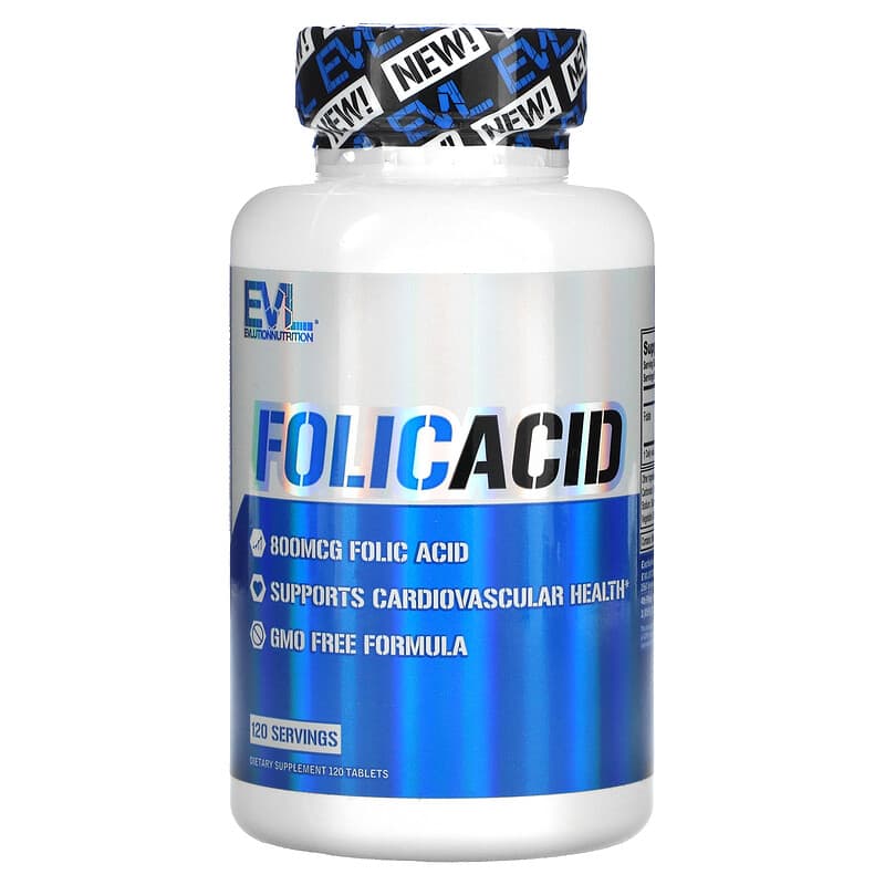 Viên uống Axit Folic 800 mcg 120 viên của EVLution Nutrition 10 evlution nutrition folic acid 800 mcg 120 tablets 115230 818901027114