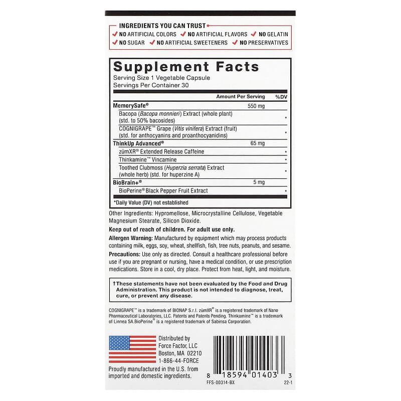 Viên uống tăng cường trí não Force Factor Forebrain 30 viên 2 Thành phần vi chất của Force Factor Forebrain 30 Capsules 818594014033