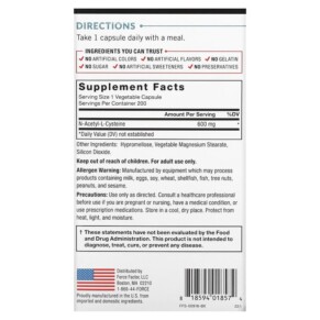 Thành phần vi chất của Force Factor Fundamentals NAC N-Acetyl-L-Cysteine 600 mg 200 Vegetable Capsules 818594018574