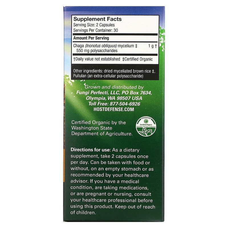 Viên uống nấm Chaga 60 viên thực vật Fungi Perfecti Host Defense 2 Thành phần vi chất của Fungi Perfecti Host Defense Chaga 60 Vegetarian Capsules 633422031828