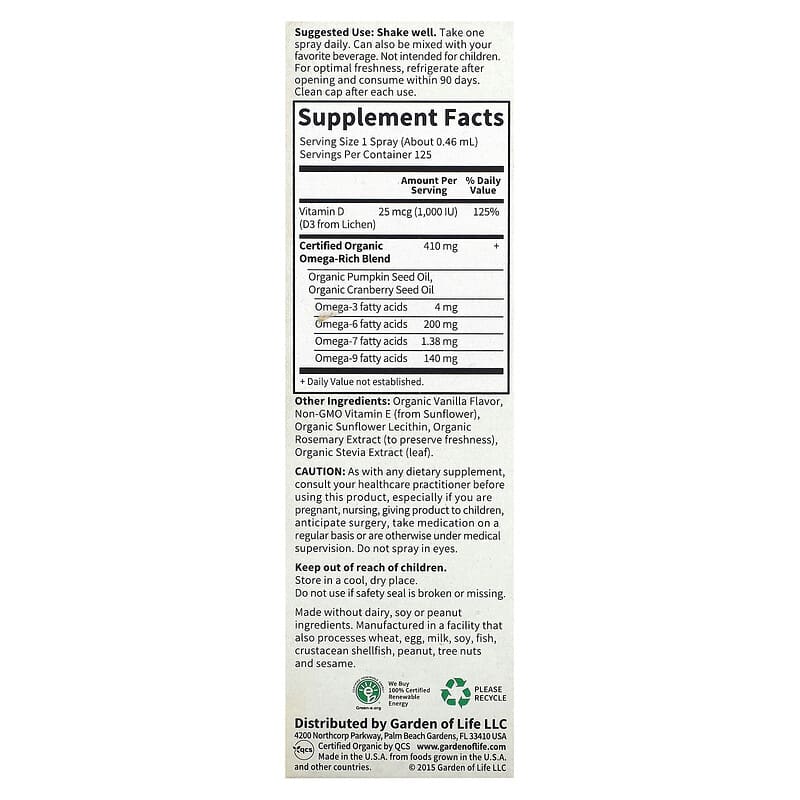Garden of Life MyKind Organics D3 Vegan Xịt Hữu Cơ Vani 25 mcg (1.000 IU) 2 fl oz (58 ml) 2 Thành phần vi chất của Garden of Life MyKind Organics Vegan D3 Organic Spray Vanilla 25 mcg (1.000 IU) 2 fl oz (58 ml) 658010117814