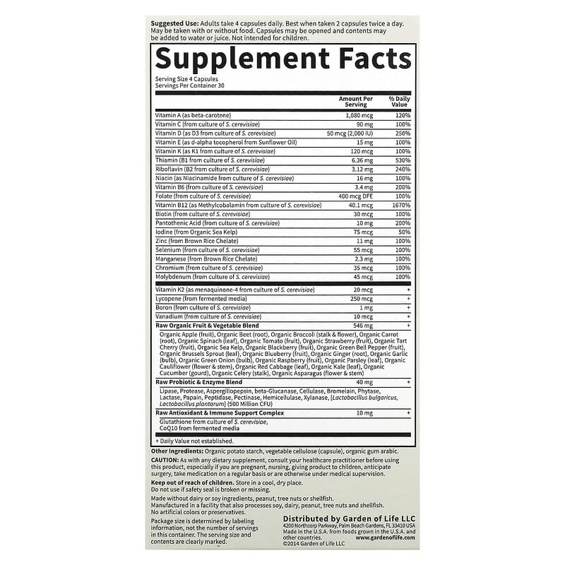 Vitamin Code 50 & Wiser Men Multivitamin Thực Phẩm Toàn Phần 120 viên chay của Garden of Life 2 Thành phần vi chất của Garden of Life Vitamin Code 50 & Wiser Men Whole Food Multivitamin 120 Vegetarian Capsules 658010113694