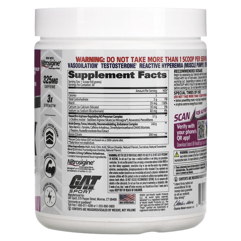 Thành phần vi chất của GAT Sport NITRAFLEX Watermelon 10.4 oz (294 g) 859613648983