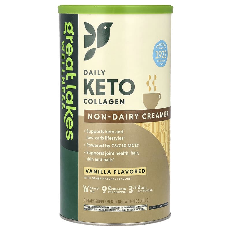 Great Lakes Wellness, Daily Keto Collagen, Non-Dairy Creamer, Vanilla, 14,1 oz (400 g) 322654002682