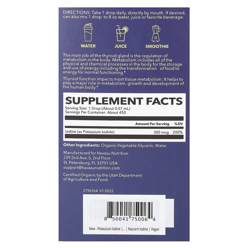 Havasu Nutrition, I-ốt Kali, Không vị, 30 ml 9 Havasu Nutrition, I-ốt Kali, Không vị, 30 ml 850041750064