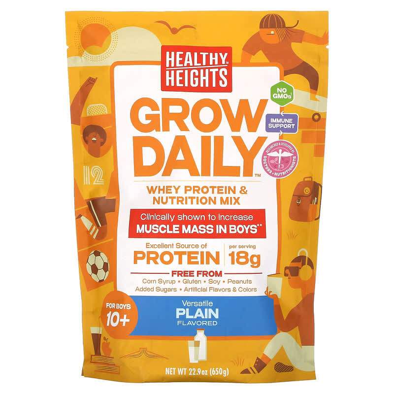 Bột Protein và Dinh Dưỡng Healthy Heights Grow Daily cho Bé Trai 10+, Vị Nguyên Chất, 650g 10 healthy heights grow daily whey protein nutrition mix for boys 10 plain 22 9 oz 650 g 132915 854180008185