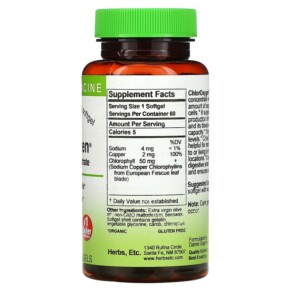 Thành phần vi chất của Herbs Etc. ChlorOxygen Chlorophyll Concentrate 60 Fast-Acting Softgels 765704519264