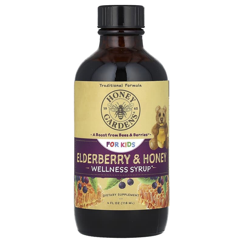 Honey Gardens, For Kids, Wellness Syrup, Elderberry & Honey, 4 fl oz (118 ml) 022318704197